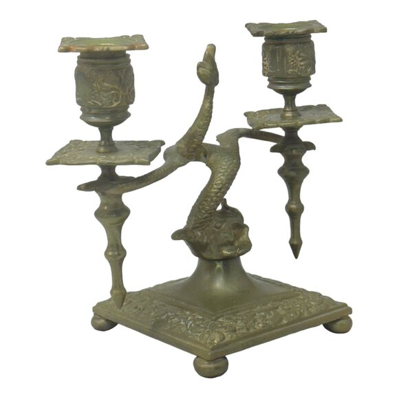 Pair of Antique Brass Asian Dragon/ Koi Fish Double Candle Holders 7" H x 8" W - Picture 11 of 12